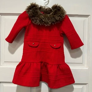 Janie & Jack Bradbury Red Faux Fur Collar Jacquard Dress Toddler Size 18-24 Mnth - Picture 1 of 4