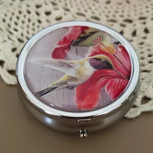 Pill Box For Purse Decorative Pill Case Vitamin Holder Metal Hummingbird Floral - Picture 1 of 5