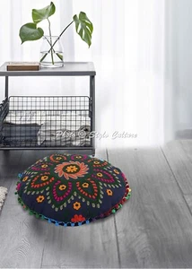 Black 18 in Small Floral Embroidered Sujani Floor Pillow Ottoman Pouf Cover - Picture 1 of 10