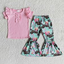 Girls Pink Flutter Short Sleeve Bell Pants Set 2pcs Outfit Hat Cactus Print 