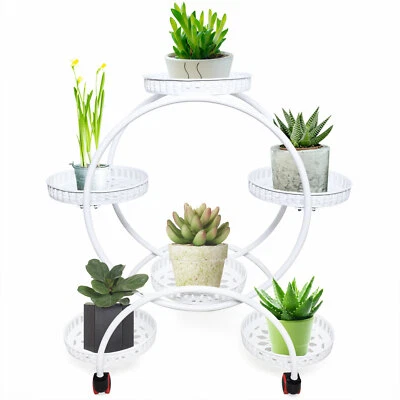 Indoor Metal Plant Stand Shelf Holder Flower Pot Shelf + Wheels White - Image 1 of 4