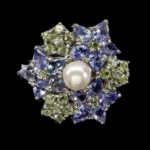 925 Anello Argento Sterling Pera Tanzanite Peridoto Perla Naturale Gemma - Foto 1 di 14