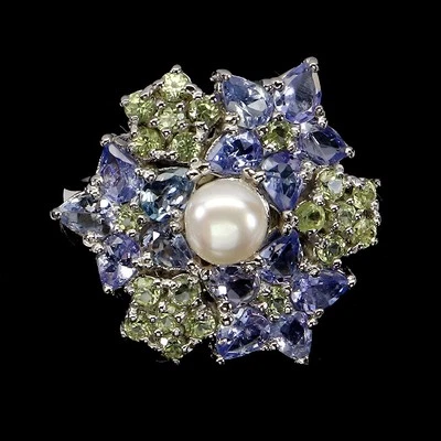 925 Anello Argento Sterling Pera Tanzanite Peridoto Perla Naturale Gemma - Immagine 1 di 4