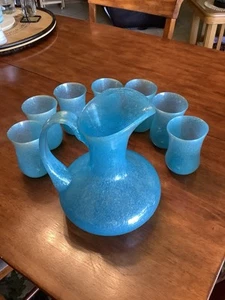 Vintage MCM Aqua Blue Bubble seeded Art Glass Pitcher Applied Handle w 7 Cups - Picture 1 of 11