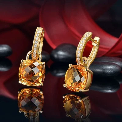 Pendientes de aro colgantes corte cojín simulado naranja citrino acabado oro amarillo 14k Foto 1 de 4