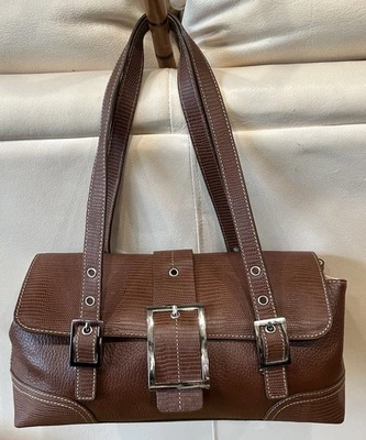 Maxx New York Lizard Tan Brown Embossed Leather Barrel Tote Shoulder Bag  23 - Image 1 of 4