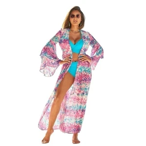 Boston Proper New Size M Floral Watercolor Pink Metallic Maxi Duster Cover Up - Picture 1 of 13