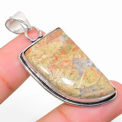 Pendente In Argento Sterling 925 Fatto A Mano In Gemma Unakite 2.01" - Immagine 1 di 4