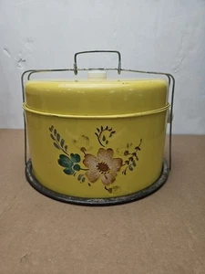 Vintage MCM Flowers Yellow Metal Double Decker 4 pc. Cake / Pie / Carrier Tin - Picture 1 of 18