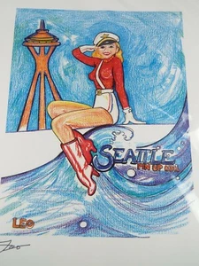 Seattle Pin Up Niña Arte, Dibujo, Agua, Patriótico, Artista Leo, Aguja Espacial - Imagen 1 de 4