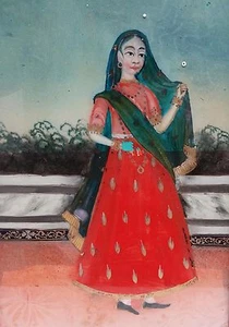 Altes indisches Glasgemälde Darstellung einer Maharani Indien 19.Jh. - Bild 1 von 3