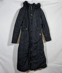 KC Collections Long PuffeJacket Coat Detachable Hood Faux Fur Sz S Black  - Picture 1 of 11