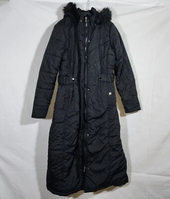 KC Collections Long PuffeJacket Coat Detachable Hood Faux Fur Sz S Black  - Image 1 of 4
