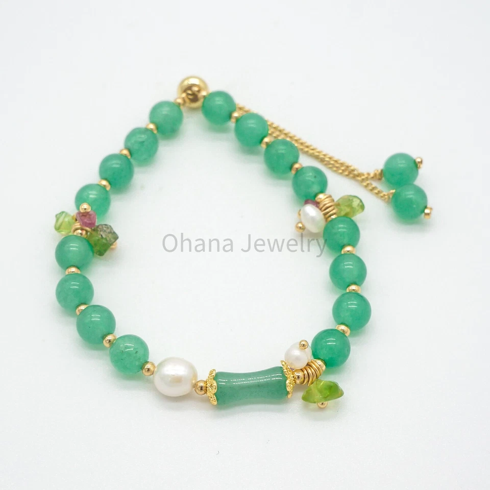 Brazalete ajustable de cobre con perlas de agua dulce de jade verde natural turmalina bambú Foto 1 de 1