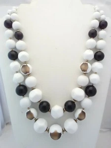 Vintage Two Strand Necklace White Black Gold Tone Plastic Beads Faceted & Smooth - Picture 1 of 12