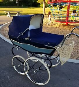 vintage antique baby pram carriage Swan 70 yrs old Royal Blue Canvas Top Deluxe