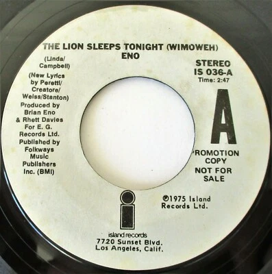 Eno - The Lion Sleeps Tonight USA 1975 Island Records Promotional 7" Single - Image 1 of 3