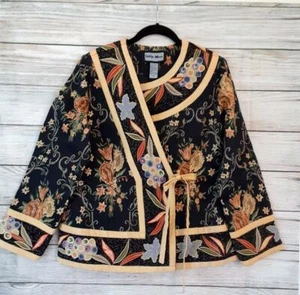 INDIGO MOON Womens Sz Small Black Wrap Coat Jacket Embroidery Applique Art - Picture 1 of 10