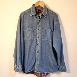 GAP Denim Shirt Size Medium Large Vintage 90s Plaid Lined Overshirt Tartan - Picture 1 of 14