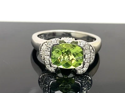 Anillo de cóctel Lorenzo verde peridoto diamante oro blanco 18k para mujer talla 7 Foto 1 de 4
