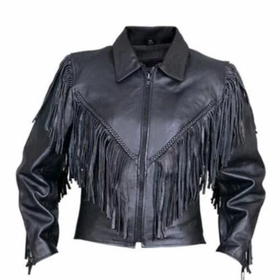 Women's Fringed Leather Jacket Women Fringed Moto Black Leather Jacket - Image 1 of 3