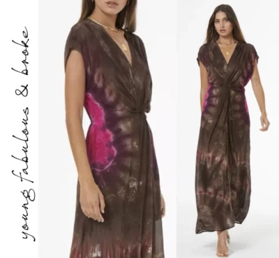 Young Fabulous & Broke Helena V-neck Drop Shoulder Knotted Front Dress sz L $208 - Image 1 of 4