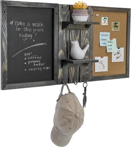 Wall Mounted Gray Wood Entryway Bulletin Board Combo Set, Wall Organizer w/ Hook - Picture 1 of 7