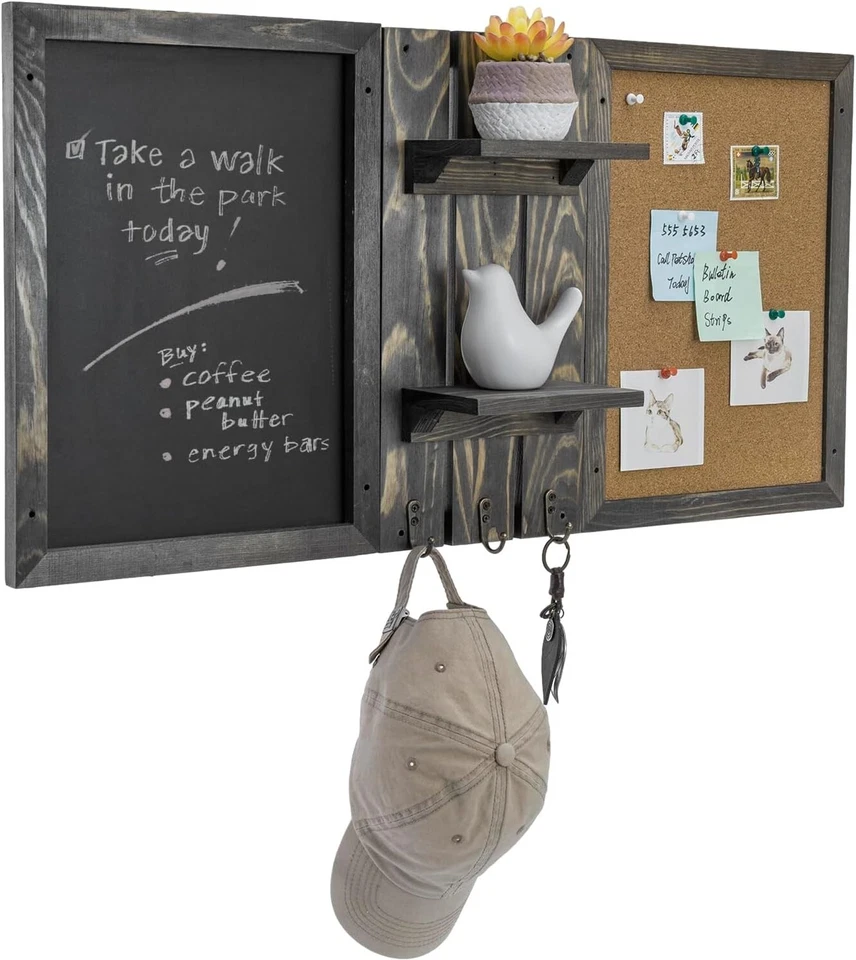 Wall Mounted Gray Wood Entryway Bulletin Board Combo Set, Wall Organizer w/ Hook - Image 1 of 4