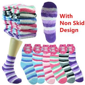6 Pair Super Soft Winter Non-Skid Cozy Fuzzy Striped Solid Slipper Socks 9-11  