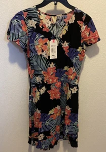 NWT! Roxy Girl Black Floral Short Sleeve Dress Size 14/XL Vacation Beach Summer - Picture 1 of 6