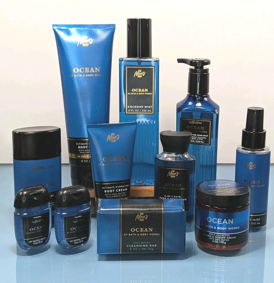 Ocean 11 Pc Set Bath & Body Works Mens Cream Cologne Spray Beard Wash Deodorant - Image 1 of 4