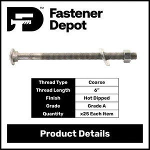 5/8”-11 x 9” Hot Dipped Galvanized Carriage Bolt Kit w/ Nuts & Flat Washers—25x - Picture 1 of 6