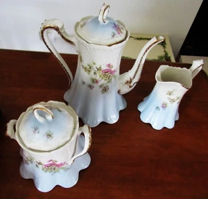 SERVICIO DE CAFÉ LIMOGE FRANCE 3 PIEZAS. MARCA HOJA TRÉBOL FLORES BLANCO AZUL - Imagen 1 de 11