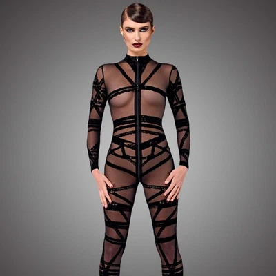 NOIR HANDMADE Netz Catsuit Bondesque Schwarz Transparent 3-Wege Schritt-RV - Bild 1 von 4