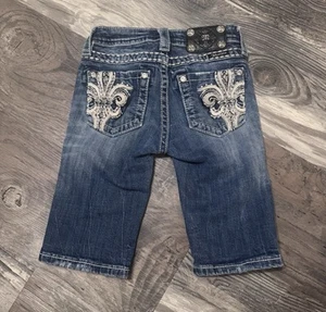 Miss Me Girls Bermuda Denim Shorts w Gem Fleur de Lis Design Sz 10 - Picture 1 of 3