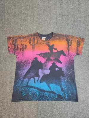 Vintage 90's Western Sun Neon Men's M Cowboy Desert Single Stitch Tee USA Made - Image 1 of 4