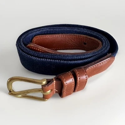 "Cinturón de golf vintage Coach de cuero marrón tejido azul marino con hebilla de latón 44""" Foto 1 de 4