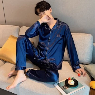 Mens Silk Satin Pyjamas Set Nightwear Pyjama Top & Bottoms Loungewear Sleepwear - Image 1 of 4