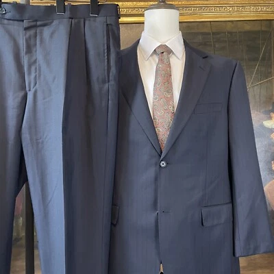 Chris Cobb Clothing BESPOKE 44R 38 x 30 Navy Herringbone Stripe Wool 2Btn Suit - Image 1 of 4