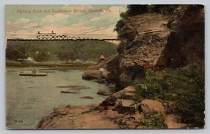 Postcard PA Shohola Bathing Rock Suspension Bridge Rustic Man Boat L Hensel M2 - Picture 1 of 2