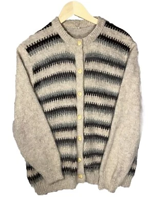 Vintage Alpaca Wool Cardigan Sweater Womens Medium Large Chile Blue Beige Stripe - Image 1 of 4