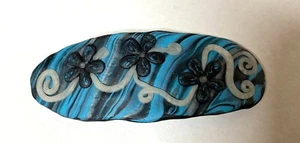 Artisan made- Polymer clay hair barrette Clip -Turquoise Black floral- handmade - Picture 1 of 4