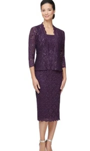 New ALEX EVENINGS Women’s Size 12 Dress & Cardigan Set Sequin Lace Formal Purple - Picture 1 of 14