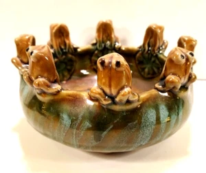 Majolica Portugal 8-Frog Pottery Bonsai Bowl Drip Glaze Green Brown Lily Pads - Picture 1 of 6