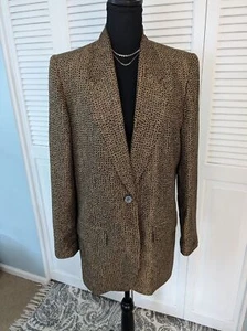 Vtg 80s Anne Klein II Blazer Women's S 100% Silk Tan Geo Check Retro Oversize - Picture 1 of 19
