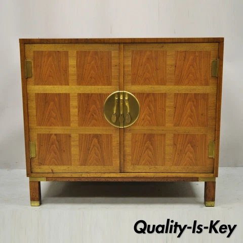 Baker Milling Road Banded Walnut Brass Campaign Style 4 Drawer Cabinet Chest Cover