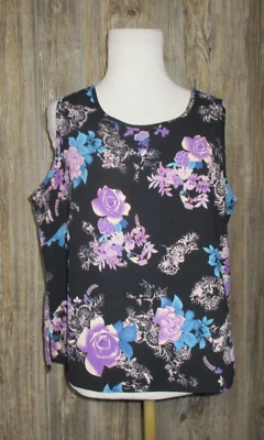 Joanna Womens Tank Top Large Black Purple Floral Dark Romantic Cottage Core Boho - Image 1 of 4