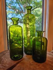 Set of 3 Vintage Modernist Hand Blown Bubble Glass Cylinder Vases Emerald Green