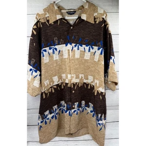 Koman Sport Mens 2X Abstract Print Button Up Shirt Brown Beige Blue Short Sleeve - Picture 1 of 3