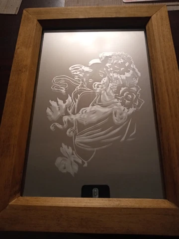 Vintage 1980s Etched Glass Lady Women Floral Framed Mirror Handcrafted Folk Art Cover